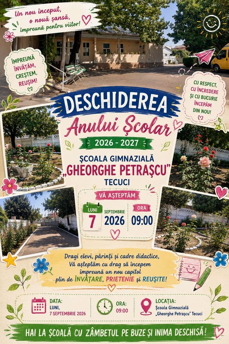 Afiș: Deschiderea anului școlar 2026–2027 la Școala Gimnazială „Gheorghe Petrașcu” Tecuci, luni, 7 septembrie 2026, ora 09:00.
